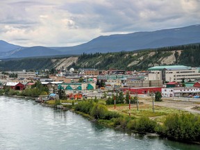 The Yukon River flows alongside downtown Whitehorse.