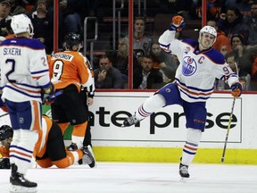 Edmonton Oilers forward Connor McDavid celebrates a goal Thursday during the Oilers' 6-5 loss to the Flyers in Philadelphia.