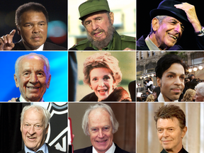 Left to right, top row: Muhammad Ali, Fidel Castro, Leonard Cohen; Middle row: Shimon Peres, Nancy Reagan, Prince; Bottom row: Gordie Howe, George Martin, David Bowie