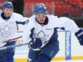 Auston Matthews of the Toronto Maple Leafs skates at practice Saturday ahead of the 2017 Centennial Classic at BMO  Field on New Year's Day.