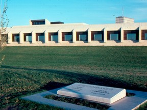 John Diefenbaker's grave at the University of Saskatchewan. Despite its simple appearance, it is one of the most secure graves in Canada.