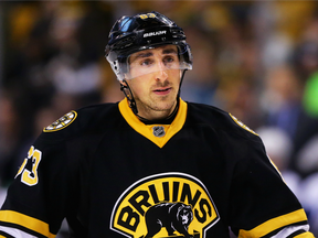 Boston Bruins forward Brad Marchand looks on during a Feb. 28 game against the Tampa Bay Lightning.