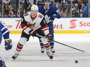 Peter Holland of the Arizona Coyotes skates after a loose puck against the Maple Leafs during their game at the Air Canada Centre in Toronto on Thursday night.