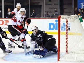 Jean-Gabriel Pageau of the Ottawa Senators misses the net during the third period against Jean-Francois Berube of the New York Islanders at the Barclays Center on Sunday in Brooklyn. The Senators defeated the Islanders 6-2.