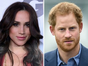 Meghan Markle poses at the GQ Men of the Year Party in Hollywood, California, on November 13, 2012, and Britain's Prince Harry arrives at Lord's cricket ground in London on October 7, 2016.