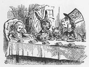 Illustration of the Mad Hatter's Tea-Party from Alice In Wonderland by Lewis Carroll.