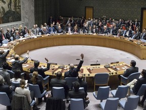 Members of the United Nations Security council vote at the United Nations headquarters on Friday, Dec. 23, 2016, in favour of condemning Israel for its practice of establishing settlements in the West Bank and east Jerusalem.