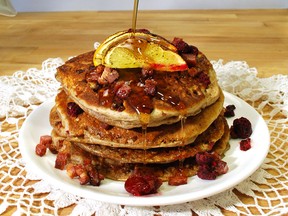 Our Bacon Cinnamon Pancakes are the perfect combination of sweet and savoury, combining fluffy pancakes with crispy bacon bits.