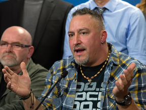 Bernard "Rambo" Gauthier speaks at a news conference announcing the creation of a new political party in Quebec, Tuesday, Dec. 6, 2016 at the legislature in Quebec City.