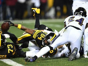 Antonio Brown of the Pittsburgh Steelers extends the ball over the goal-line for the margin of victory in Pittsburgh's 31-27 win over the Baltimore Ravens Sunday in Pittsburgh. The victory came with four seconds left on the clock. Pittsburgh earned the AFC North title by virtue of the win, while the loss eliminated the Ravens from playoff contention.