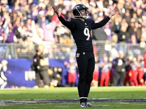 Baltimore Ravens kicker Justin Tucker celebrates a field goal against the Cincinnati Bengals on Nov. 27.