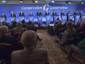 The 14 participants in the Conservative leadership candidates' bilingual debate are seen in Moncton, N.B. on Tuesday, Dec. 6, 2016