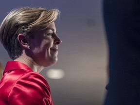 Conservative leadership candidate Kellie Leitch listens during the Conservative leadership debate in Saskatoon, Wednesday, November 9, 2016.