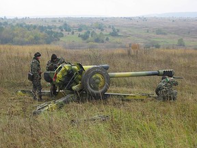 Ukrainian soldiers prepare a D-30 122-mm Towed Howitzer for a live firing exercise in 2007.