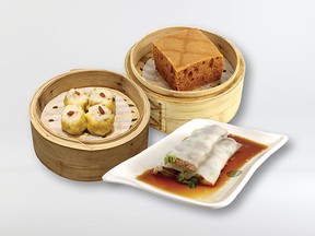 Clockwise from left: Tim Ho Wan's Pork Dumplings with Shrimp, Steam Egg Cake, and Vermicelli Roll with BBQ Pork.