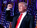 President-elect Donald Trump pumps his fist during an election night rally, Wednesday, Nov. 9, 2016, in New York.