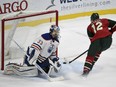 Eric Staal of the Minnesota Wild scores past Edmonton Oilers' goaltender Cam Talbot during the shootout in NHL action Friday night in Minnesota. The Wild won, 3-2.