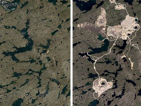 One the most dramatic shifts in the Canadian landscape captured satellite imagery. On the left, a little-known patch of the Northwest Territories in 1984. On the right, that same patch in 2016 after being developed into the massive Ekati Diamond Mine.