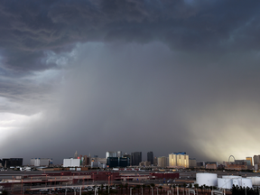 A huge thunderstorm strikes Las Vegas in 2015. The reason for the expected heavier rainfalls is simple physics: warm air can hold more moisture than cold air.