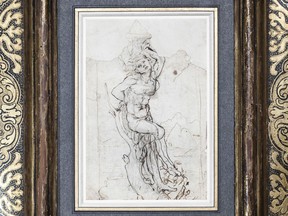 The drawing, about 7.5 inches by 5 inches, of the martyred St. Sebastian, attributed to Leonardo da Vinci, at the Tajan auction house in Paris, Dec. 8, 2016. The double-sided work was among 14 unframed drawings brought to the auction house by a retired doctor whose father was a collector and bibliophile.