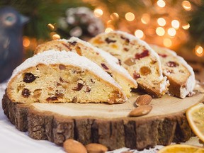 Christmas stollen, known in Germany as Christollen, is a rich, dense, sweet bread filled with dried fruit, candied citrus peel, marzipan or almond paste, and nuts.