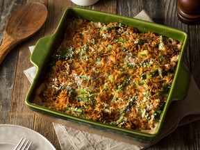 Green bean casserole is a popular American side dish made with green beans, cream of mushroom soup, and fried onions.