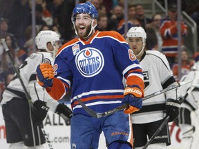 Edmonton Oilers' defenceman Eric Gryba celebrates his game-winning goal against the Los Angeles Kings in NHL action Thursday in Edmonton. The Oilers added an empty net goal in a 3-1 victory against a team which has owned them in recent seasons.