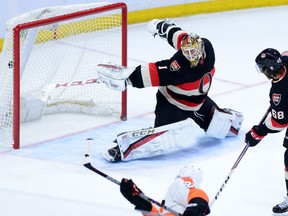 Philadelphia Flyers forward Claude Giroux fires the winning goal in overtime past Ottawa Senators goaltender Mike Condon.