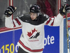 Team Canada's Anthony Cirelli celebrates his first goal of the game against Team Czech Republic on Dec. 21.
