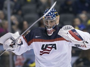 United States goaltender Joseph Woll is seen during second period action against Slovakia at the world junior hockey championship in Toronto on Wednesday night.