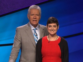 Stowell alongside Trebek.