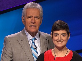 Cindy Stowell appears on the "Jeopardy!" set with Alex Trebek in Culver City, Calif. on Aug. 31, 2016.