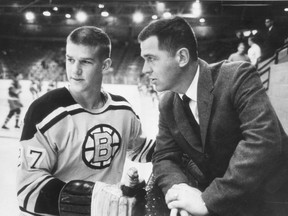 Boston Bruins defenceman Bobby Orr (left) poses with coach Harry Sinden as a rookie in 1966.