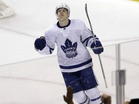 Toronto Maple Leafs center Mitch Marner reacts after scoring against the Florida Panthers during the shootout in their game, Wednesday night in Sunrise, Fla. The Leafs won 3-2.