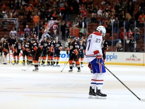 Montreal Canadiens forward Alex Galchenyuk (right) skates off the ice after a 2-1 loss to the Anaheim Ducks on Nov. 29.