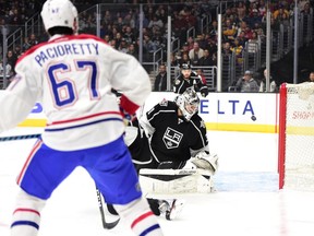 Montreal Canadiens forward Max PAcioretty (left) scores on Los Angeles Kings goaltender Peter Budaj on Dec. 4.