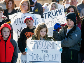 Protesters demonstrate against the new Bears Ears National Monument in Montecello, Utah, Thursday, Dec. 29, 2016.