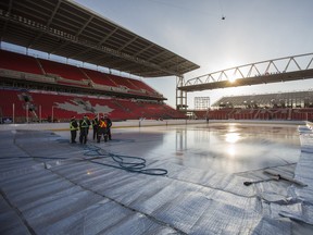 Preparations on the outdoor ice rink for the 2017 NHL Centennial Classic at BMO Field in Toronto, Ont.  on Wednesday December 28, 2016.