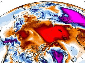 Temperature departures from average on Dec. 22, 2016, reveal the hot spot at the North Pole, where midday temperatures peaked at minus four degrees Celsius.
