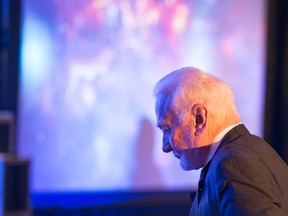 Buzz Aldrin , one of the first people to set foot on the moon talks about his vision of sending people to the planet Mars at the 34th International Space Development Conference in downtown Toronto, Ont.