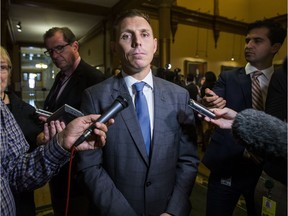 Patrick Brown, leader of the Progressive Conservative Party of Ontario, listens to a reporter's question after Question Period at Queen's Park in Toronto, Ont. on Tuesday October 4, 2016.