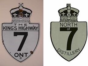 The North of 7 Distillery logo (right) pays tribute to King’s Highway 7 Provincial Route Marker Shield