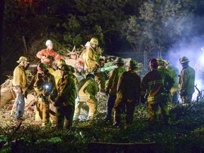 Firefighters work at the scene where a large tree fell on a wedding party in Whittier, California on Saturday, Dec. 17, 2016