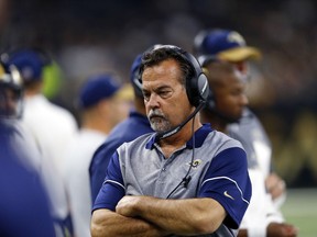 In this Nov. 27 file photo, Los Angeles Rams head coach Jeff Fisher stands on the sideline during a game against the New Orleans Saints.