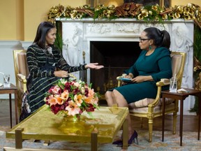 First lady Michelle Obama is interviewed by Oprah Winfrey in the Yellow Oval Room of the White House on Dec. 14.