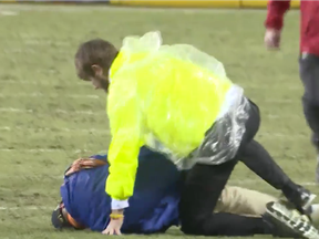 A Denver Broncos fan made his way onto the field and was tackled by security during a game against the Kansas City Chiefs.