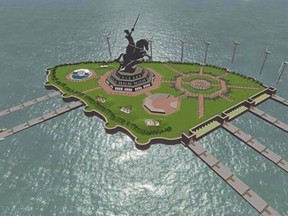 An artist's rendition of the statue of King Shivaji.