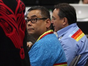 Regional Chief Shane Gottfriedson looks on as Carolyn Bennett, Minister of Indigenous and Northern Affairs, speaks at the Assembly of First Nations' annual general meeting at the Songhees Wellness Centre in Victoria, B.C. Monday, October 24.