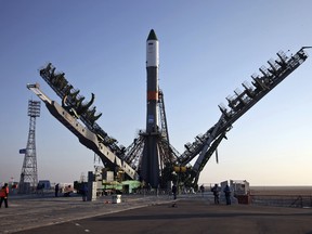 The Soyuz-FG rocket booster with the Progress MS-04 cargo ship is installed on a launch pad in Baikonur, Kazakhstan. The unmanned Russian cargo space ship Progress MS-04 broke up in the atmosphere over Siberia on Thursday Dec. 1, 2016,  just minutes after the launch en route to the International Space Station due to an unspecified malfunction.