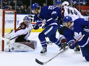 William Nylander of the Toronto Maple Leafs gets stopped by Semyon Varlamov of the Colorado Avalanche at the Air Canada Centre in Toronto on Sunday.